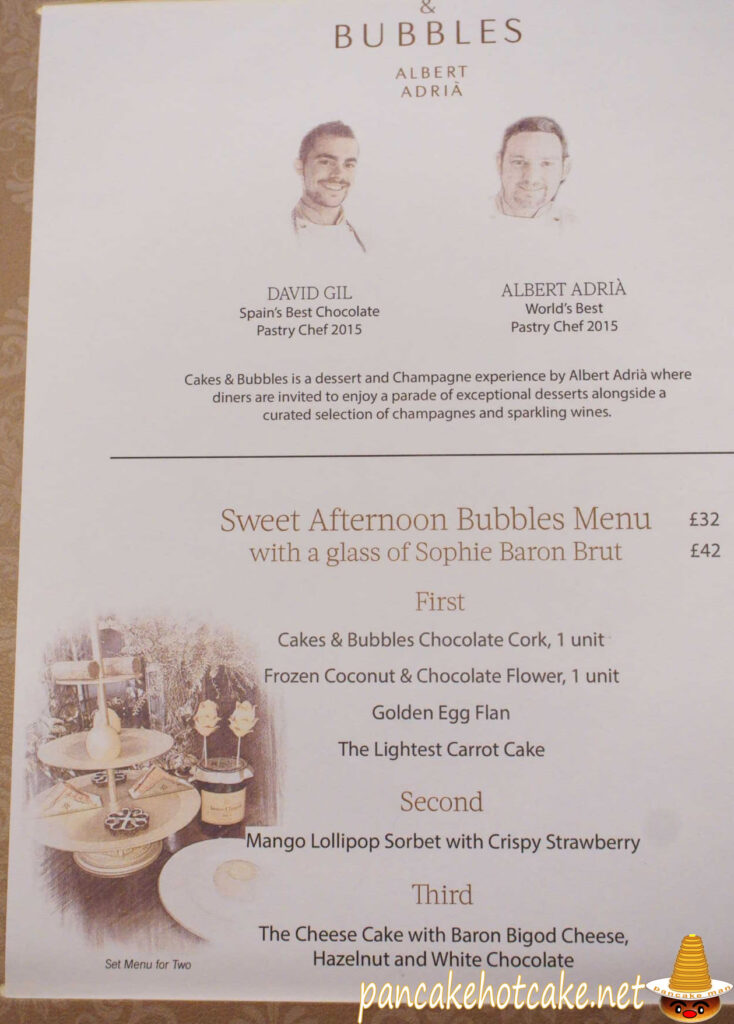 menu メニュー　Cakes & Bubbles（ケーキ　アンド　バブル）イギリス　ロンドン